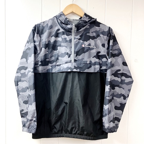 CHAMPION Boys Youth 1/4 Zip Camo Hooded Windbreaker Jacket SIZE Large Gray Black - Picture 1 of 15